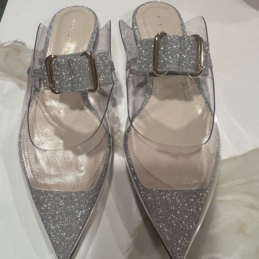 Mia Becar Marilyn Flat PVC Glittering Silver Mules with Buckle